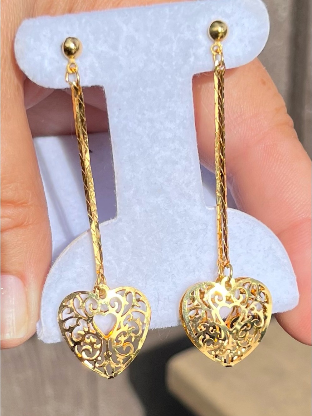 L65: Gold Filigree puffed Heart Drop Earrings 2.5” L